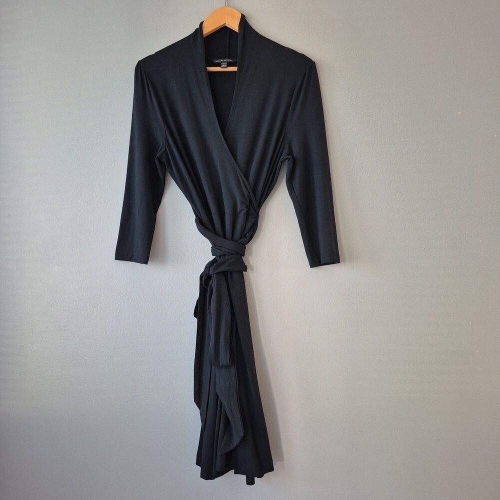 Banana Republic Black V Neck 3/4 Sleeve Mini Wrap Tie Career Dress Womens Large